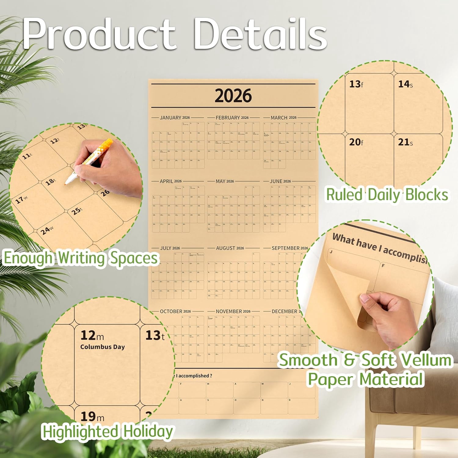 Large Yearly Wall Calendar 2026, Full Year Calendar One Page, Jan 2026- Dec 2026, Annual Wall Planner 2026, 24"X 48" 12-Month Planner with Stickers