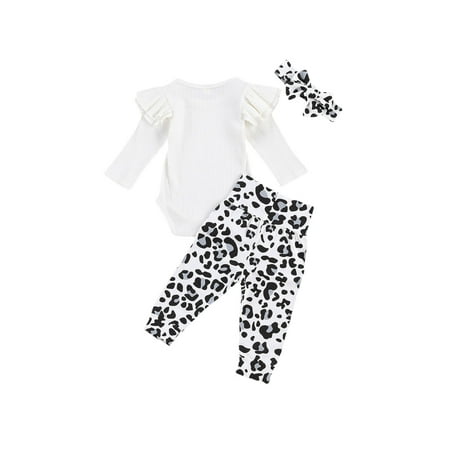 

Canrulo 3PCS Newborn Baby Girls Flying Sleeve Romper Leopard Pants and Headband Fall Winter Outfits White 0-3 Months