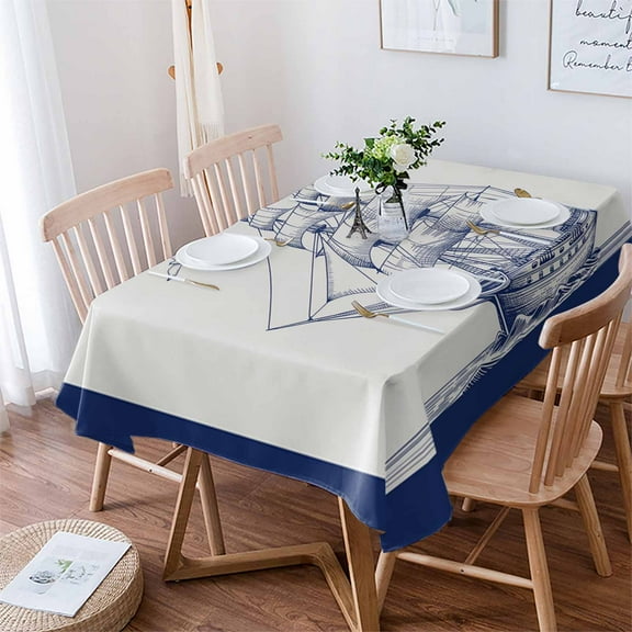 Nautical Ship Tablecloth Rectangle Table Cloth 52x70 , Waterproof Tablecloth Outdoor Table Cloth, Blue Coastal Ocean Birds Boat Vintage Washable Table Cover for Kitchen Dining Party