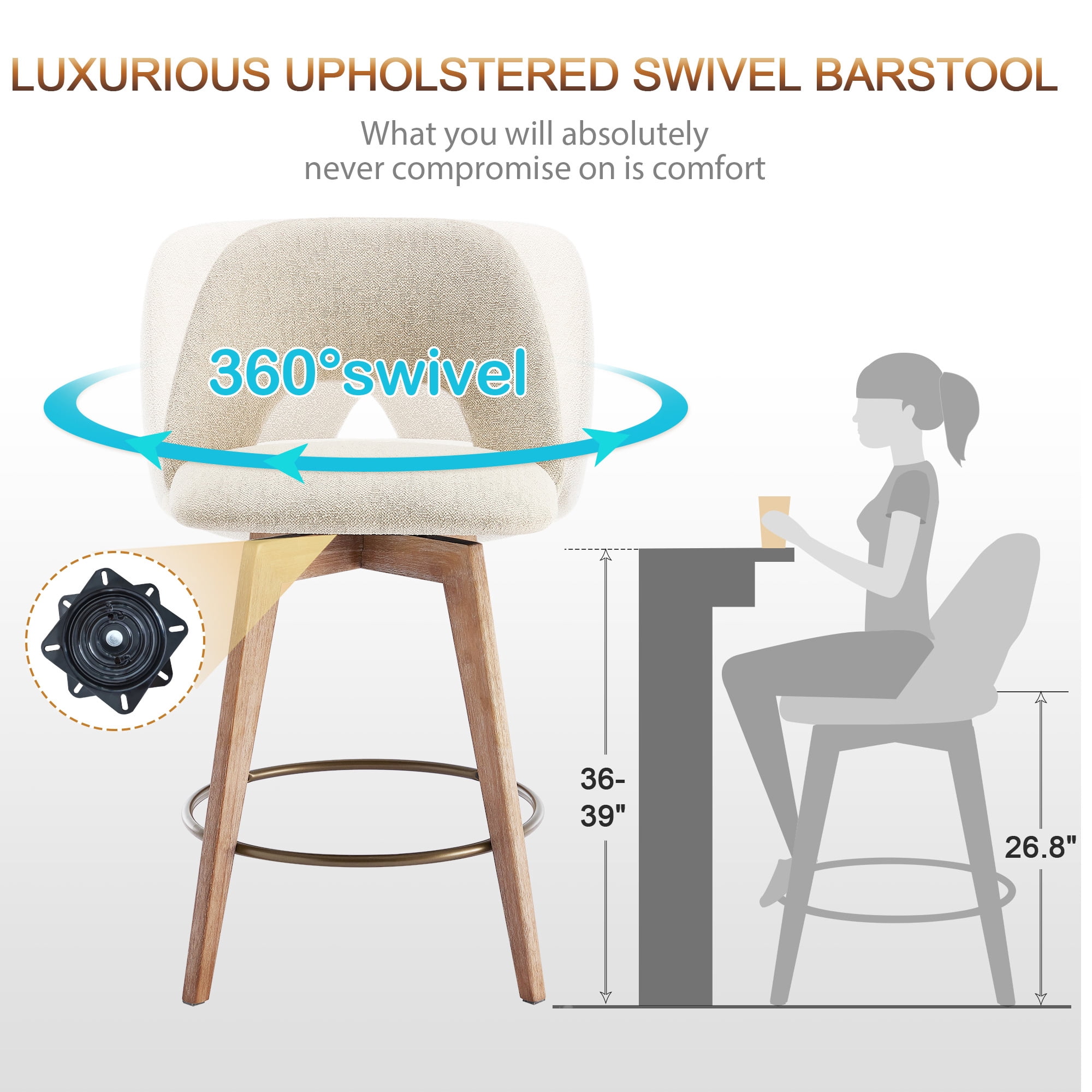 Zesthouse 26.8" Swivel Bar Stools Set of 2, Linen Upholstered Counter Height Stools with Open Back and Brushed Wooden Legs, Mid Century Barstools Kitchen Bar Chairs for 36"-39" Countertop, Beige