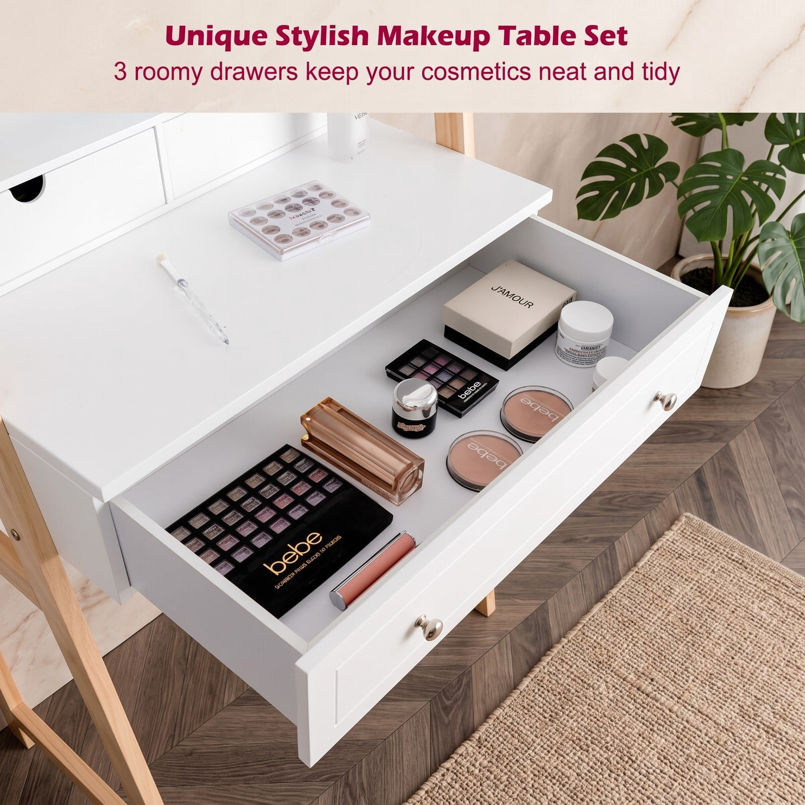 Furnibear Vanity Table Set with Large Mirror and Cushioned Stool, Makeup Dressing Table with 3 Drawers and 2-Tier Tabletop, White