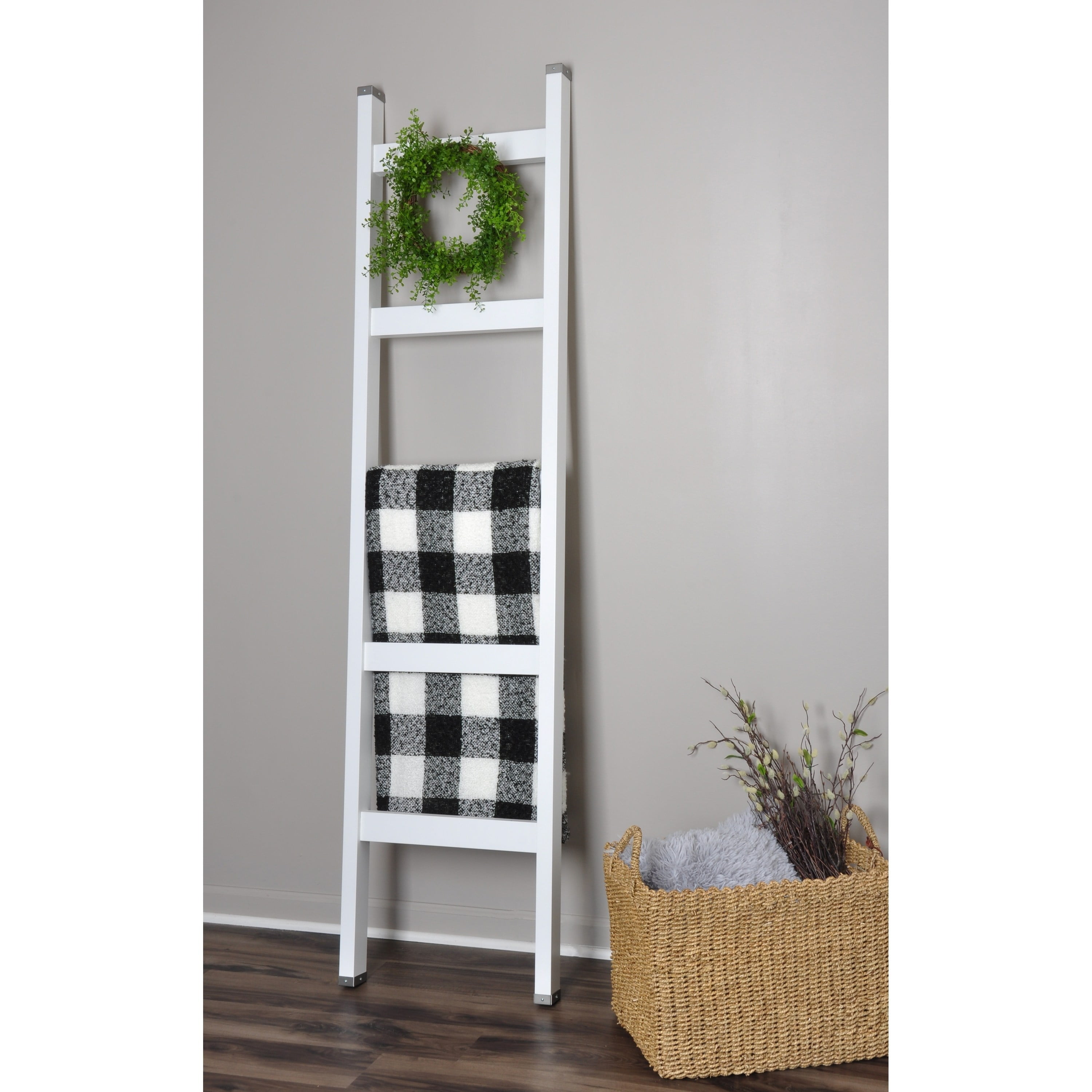 BrandtWorks Modern Farmhouse White 6 Ft Blanket Ladder & Faux Wreath