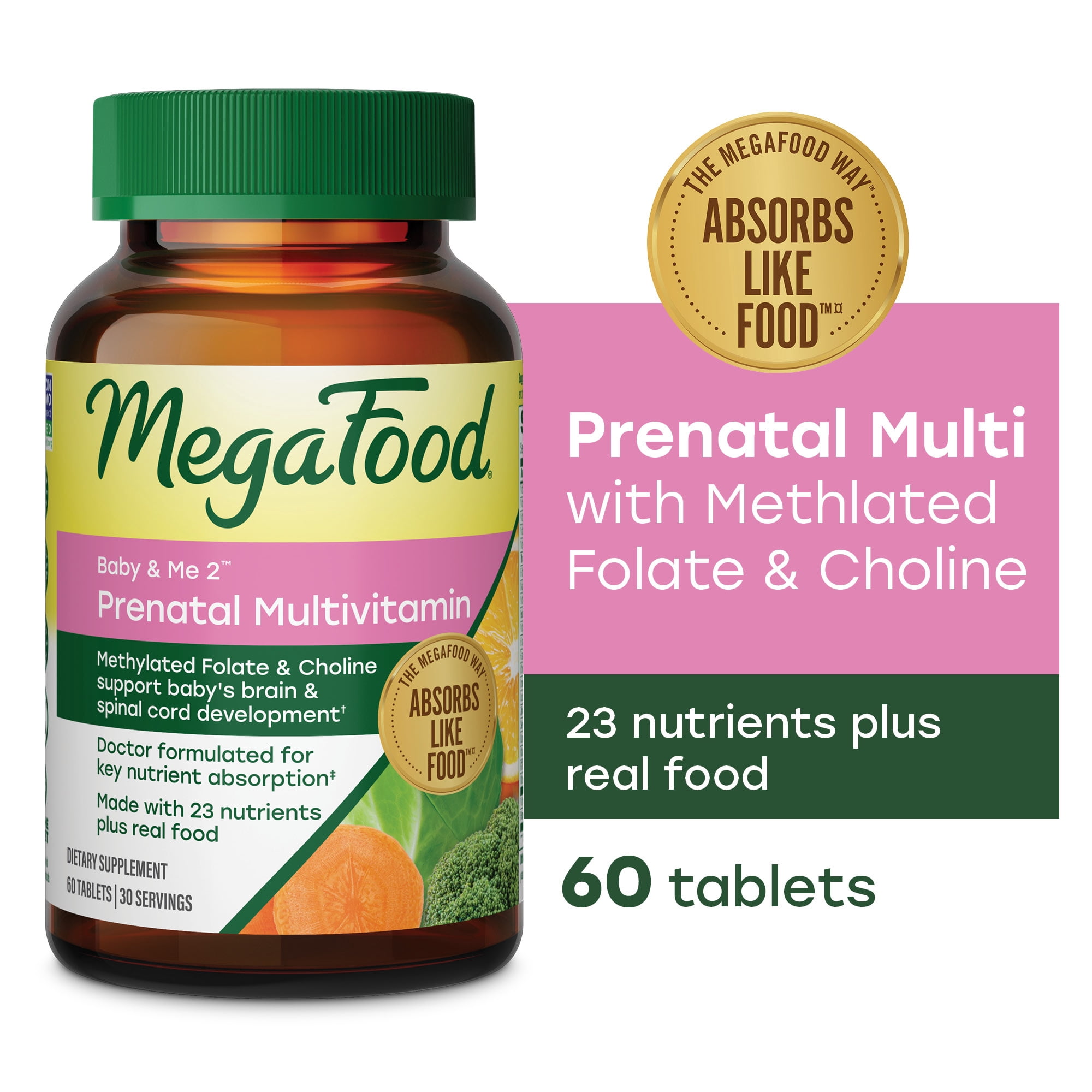 MegaFood Baby & Me 2 Prenatal Multi - Folate, Choline, Iron, Vitamins C & D3 - 30 Servings