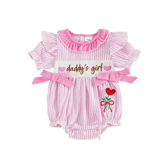 BemeyourBBs Newborn Baby Girl Summer Clothes Infant Baby Girl Mama's Girl Daddy's Girl Outfit Striped Bubble Romper Letter Heart Flower Embroidery Front Bows Ruffled Short Sleeve Bodysuit Jumpsuit
