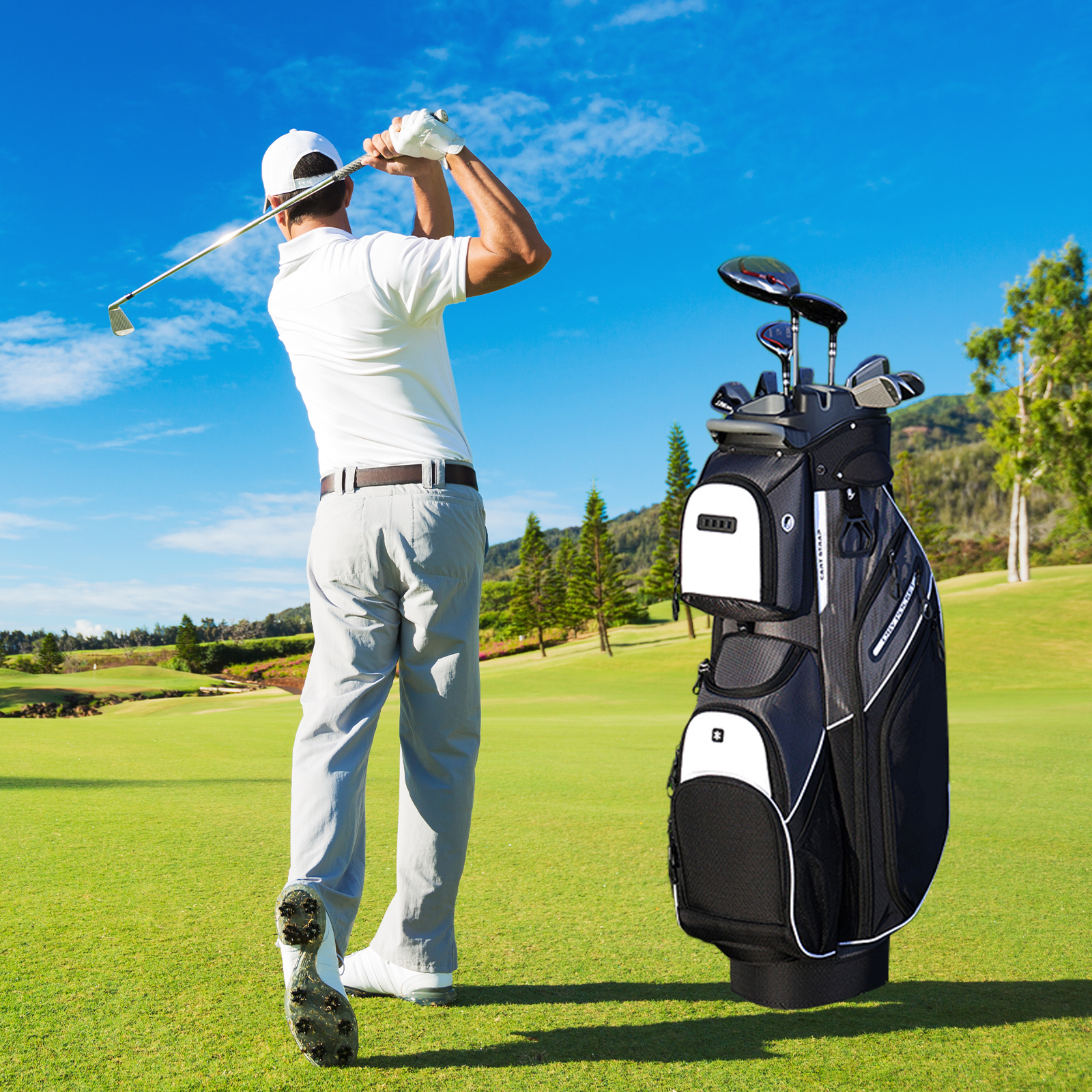 14-Way Golf Cart Bag with Full-Length Dividers - Oversized Cooler Pockets, Felt-Lined Storage, Cart-Friendly Design
