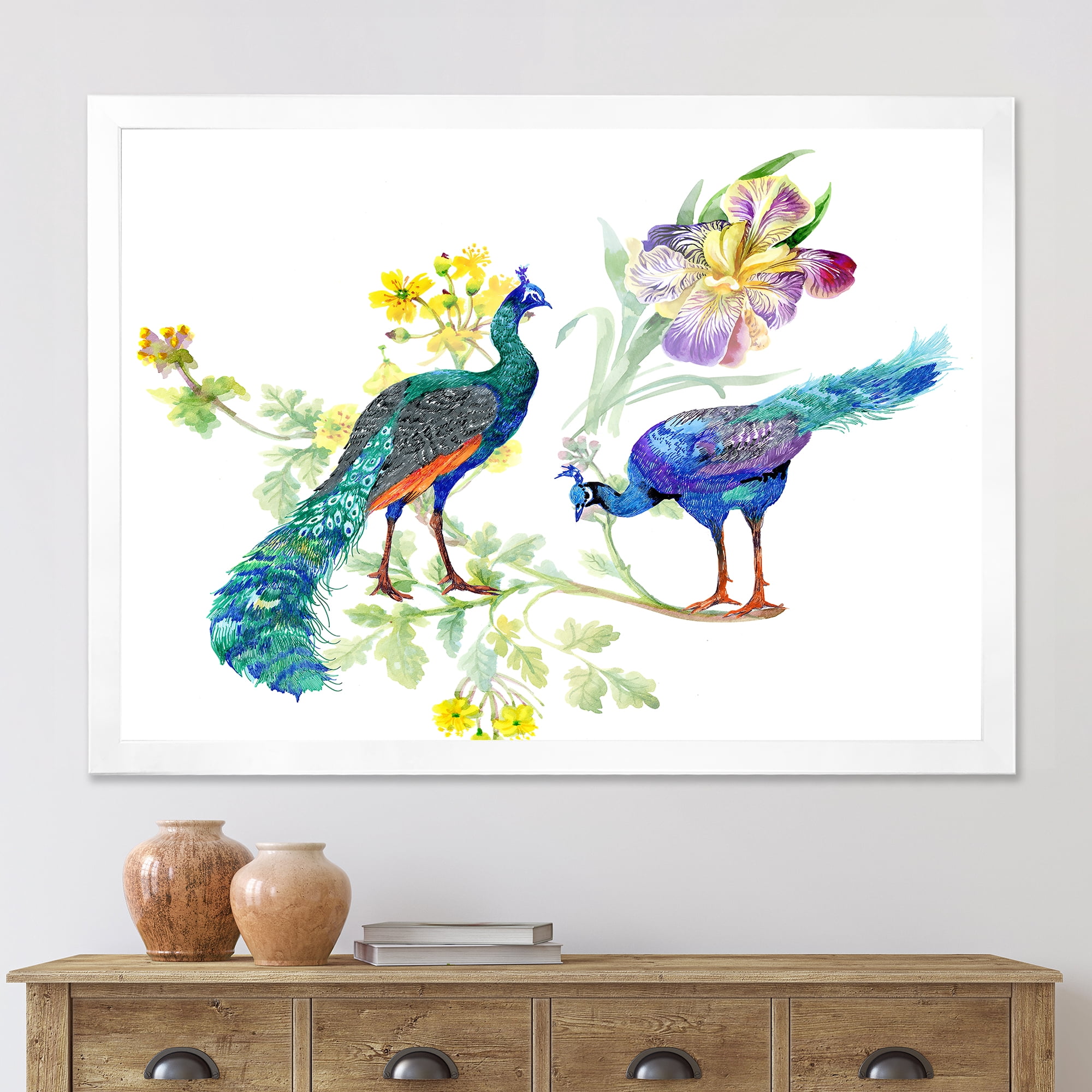 Designart 'Iris Flowers and Peacocks' Traditional Framed Art Print