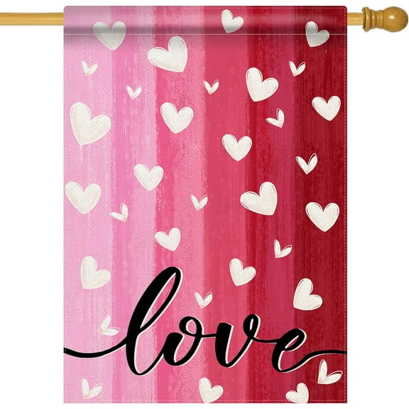 Valentine''s Day Pink Red Decorative House Flag, White Love Hearts Garden Yard Outside Decorations, Anniversary Wedding Holiday Outdoor Large Home Decor Double Sided 28 x 40