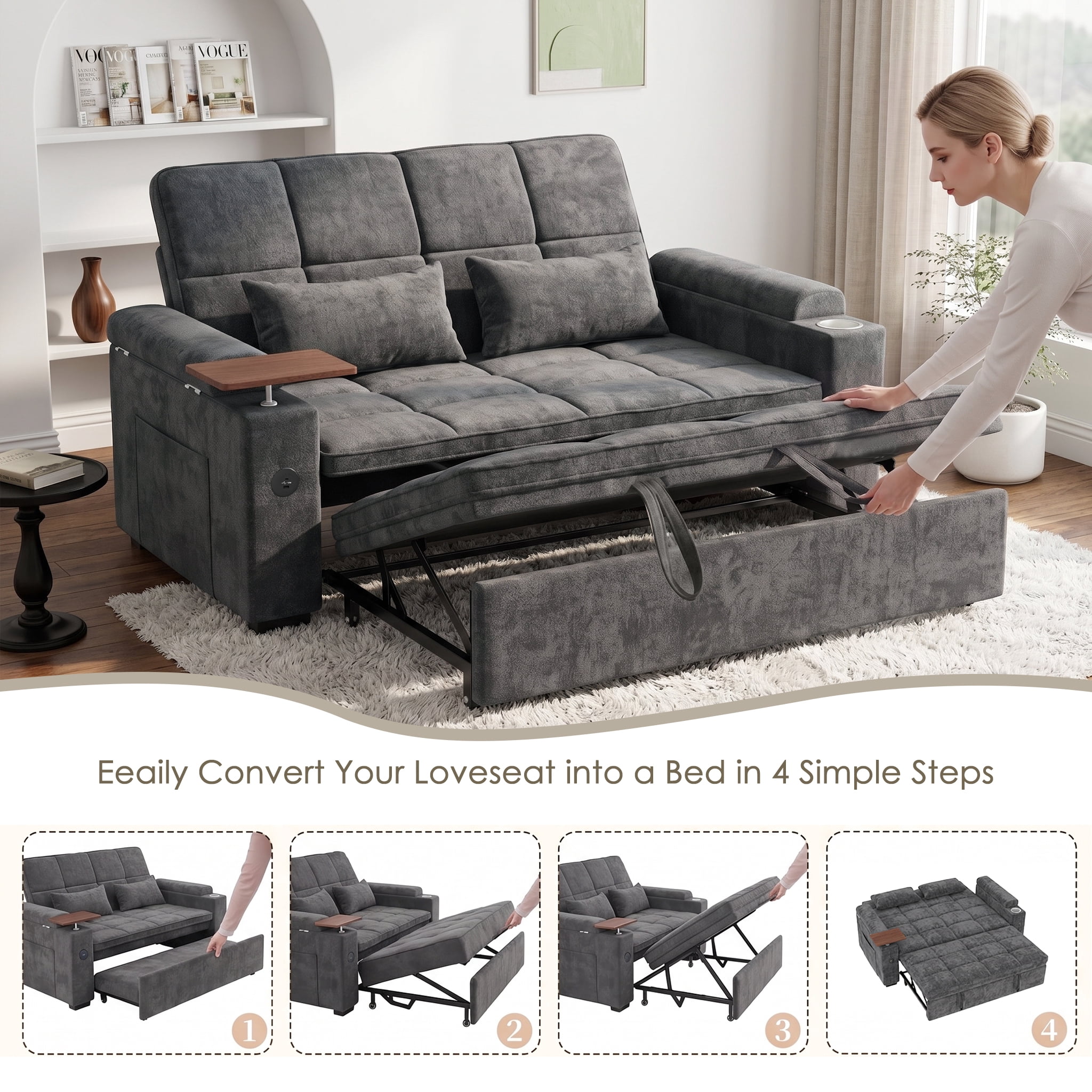 AISWORD 65" 3‑in‑1 Pull‑Out Sleeper Sofa Bed, Chenille Convertible Loveseat with USB Port, Rotating Side Table, Cup Holders for Small Spaces, Dark Gray