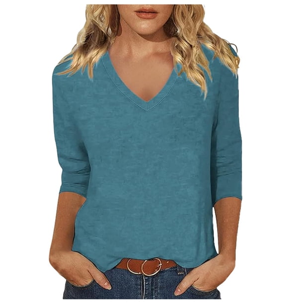 Top de manga tres cuartos con cuello en V para mujer, estilo casual y moderno, para el verano - Material de poliéster, ligero y transpirable - Para el día a día, actividades al aire libre y fiestas
