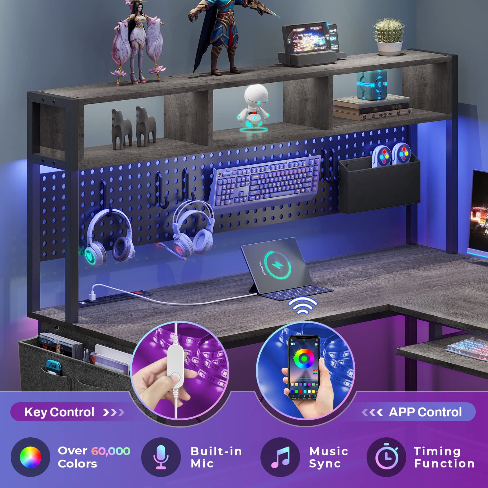 L-Shaped Desk with Hutch & Pegboard, Corner Gaming Desk with LED Lights & Charging Station for Bedroom, Dark Gray