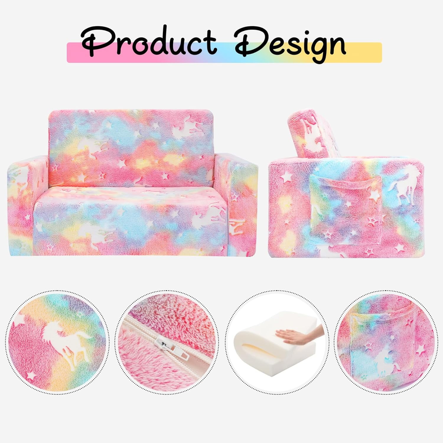 Kids Couch Toddler Chair Folding, Soft Couch 2 in 1 Kids Sofa Glow in The Dark Couch, Gifts Sleeper for Girls Boys - Pink Unicorn