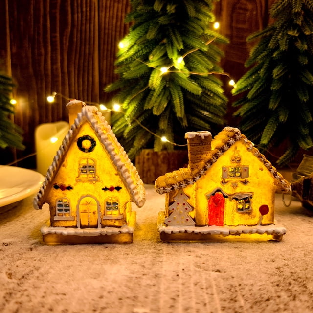 Maison de Village de Noël Éclairée à LED Miniature en Résine Figurine de Maison en Pain d'Épice Décoration de Noël de Collection pour Décoration de Table