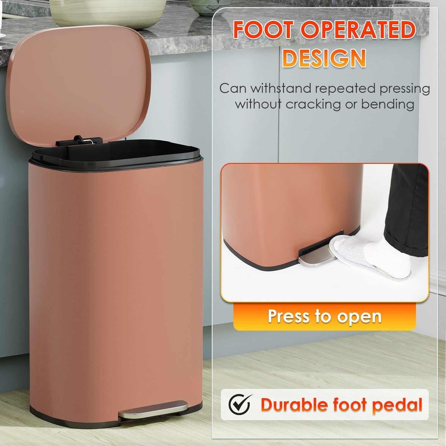 FASCK 13 Gallon/50 L Garbage Can Kitchen Trash Can with Lid for Office Bedroom Bathroom Step Trash Bin Fingerprint-Proof Brushed Stainless Steel 13 Gallon / 50 Liter,Pink