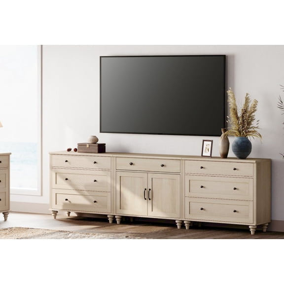 WAMPAT Farmhouse 100 Inch TV Stand & 3-in-1 Console Table, Entertainment Center with 7 Drawers & 2 Doors, Kitchen Buffet Sideboard Cabinet, Light Oak