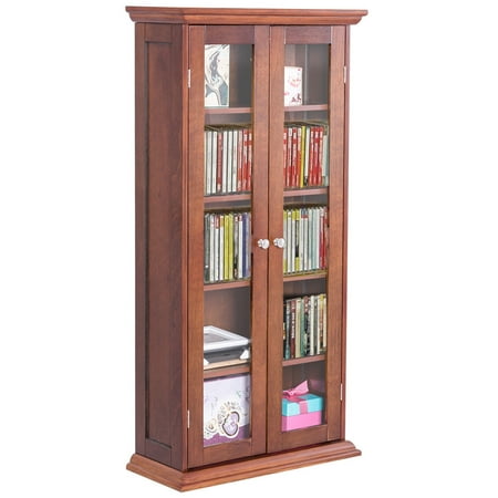 Costway 44.5'' Wood Media Storage Cabinet CD DVD Shelves Tower Glass Doors