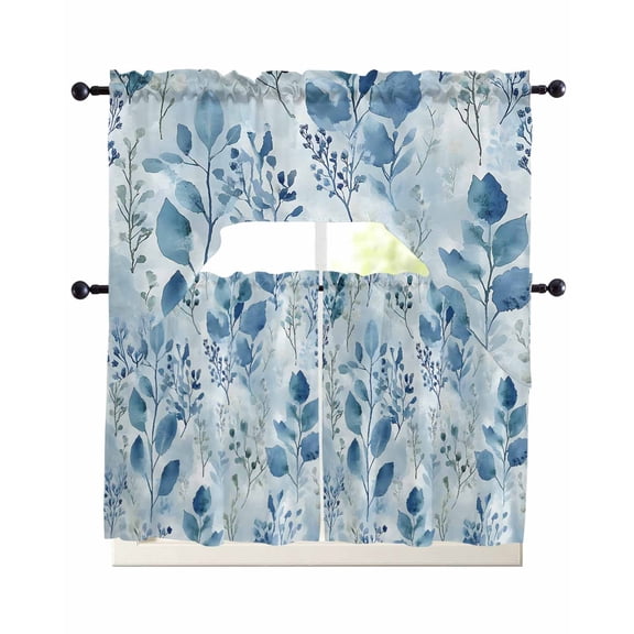 Blue Botanical Kitchen Curtains Swag Valance and Tier Curtains Set 24 Inch Length, Retro Impressionist Style Watercolor Rod Pocket Drape Panels Pair Swag Curtain for Bathroom/Cafe/Window