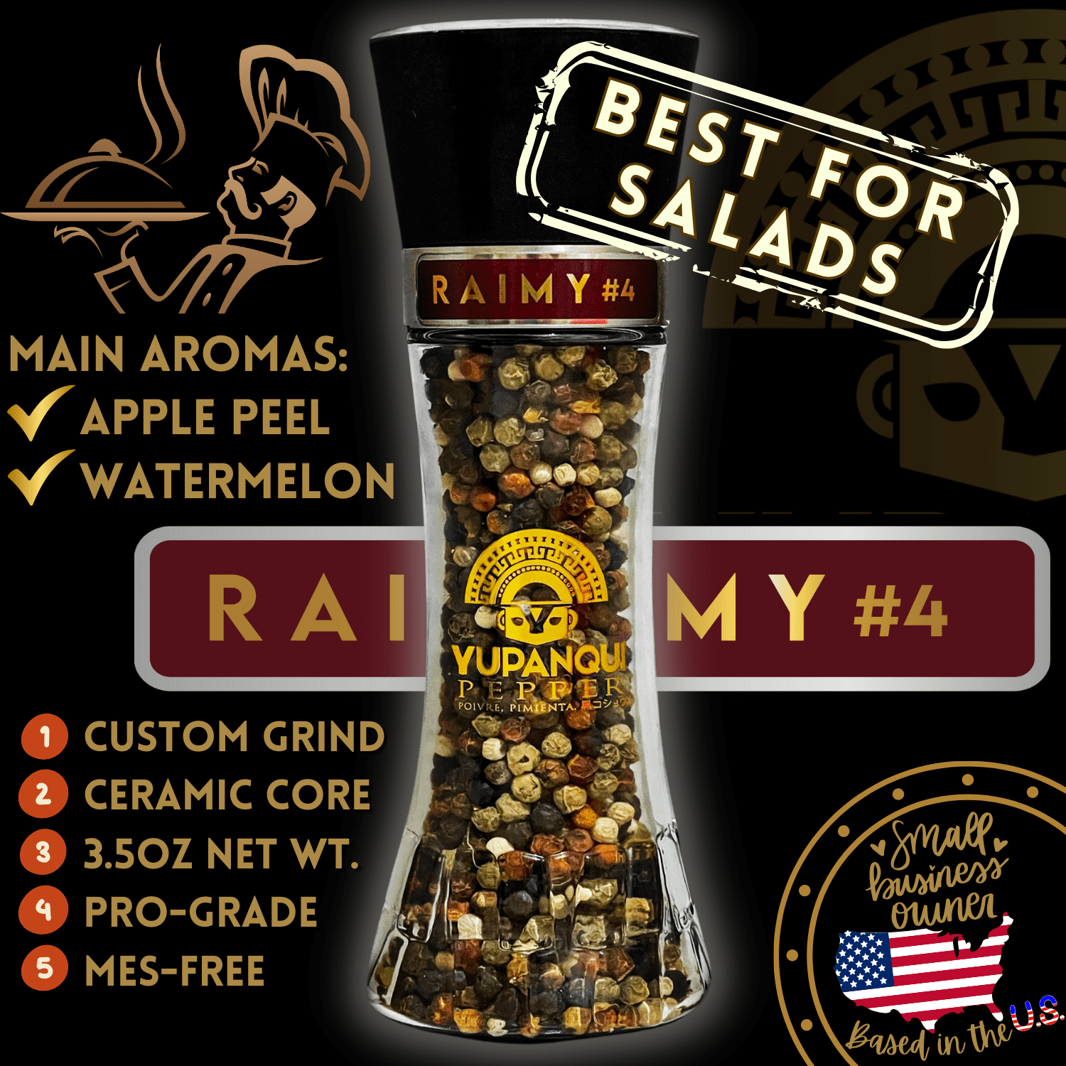 Yupanqui Gourmet Peppercorn Medley Grinder 3.5oz, RAIMY Vegan Flavor Rainbow Peppercorns Organic