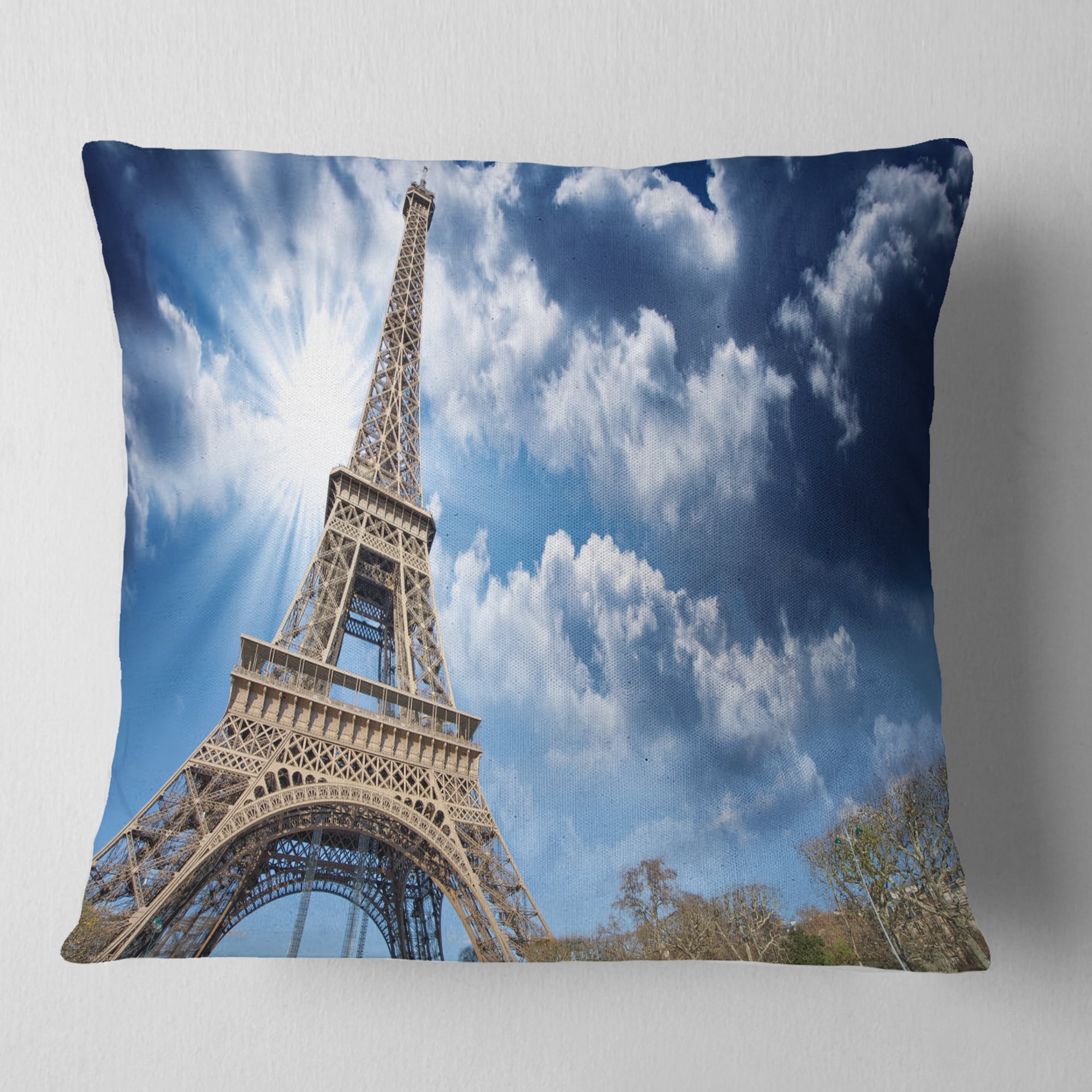 Designart Eiffel Under Blue Sky - Skyline Photography Throw Pillow - 18x18