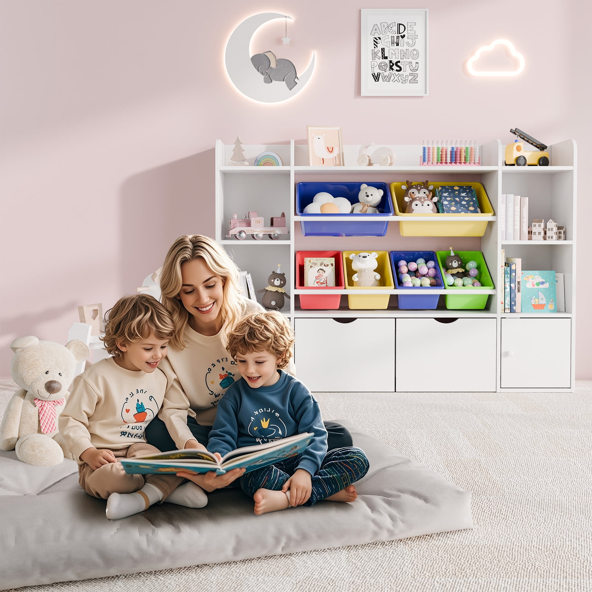 Reasea 6-Bin Toy Storage Organizer for Kids – 4-Tier Bookshelf with 6 Removable Cubbies & 2 Movable Drawers, Kids Toy Shelf for Playroom, Bedroom, Multicolor