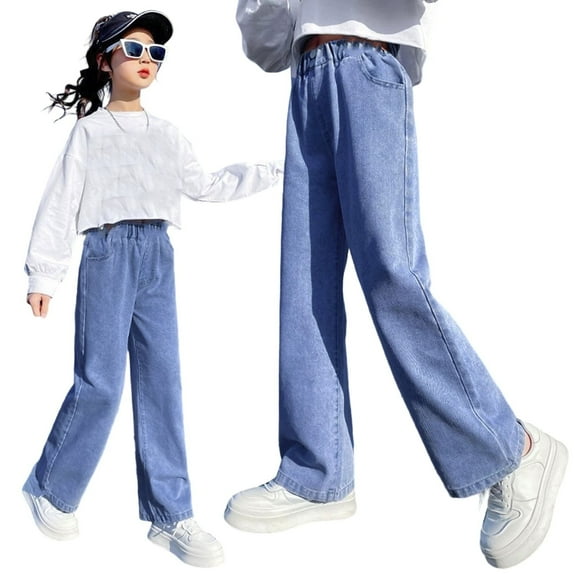 SGMVNU Girls Casual Jeans Straight Leg Wide Leg for Toddler to Teen Comfortable Elastic Waist Spring Summer Everyday Wear Cute Pants for Girl(Size 7-8 Years,Blue)