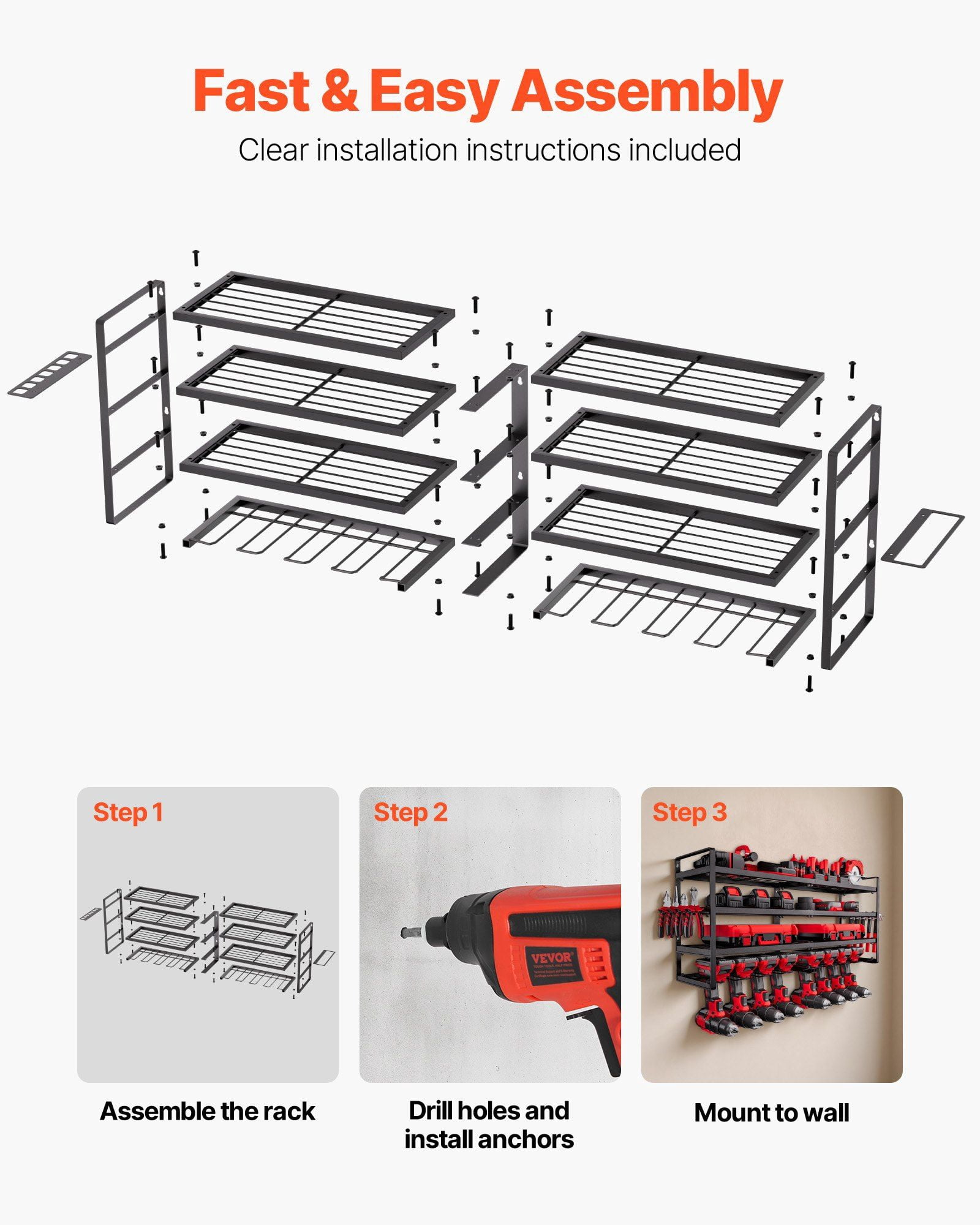 Wall Mount Power Tool Organizer 4 Layer Storage Rack with 8 Drill Holders and Screwdriver Holder for Garage Workbench Workshop