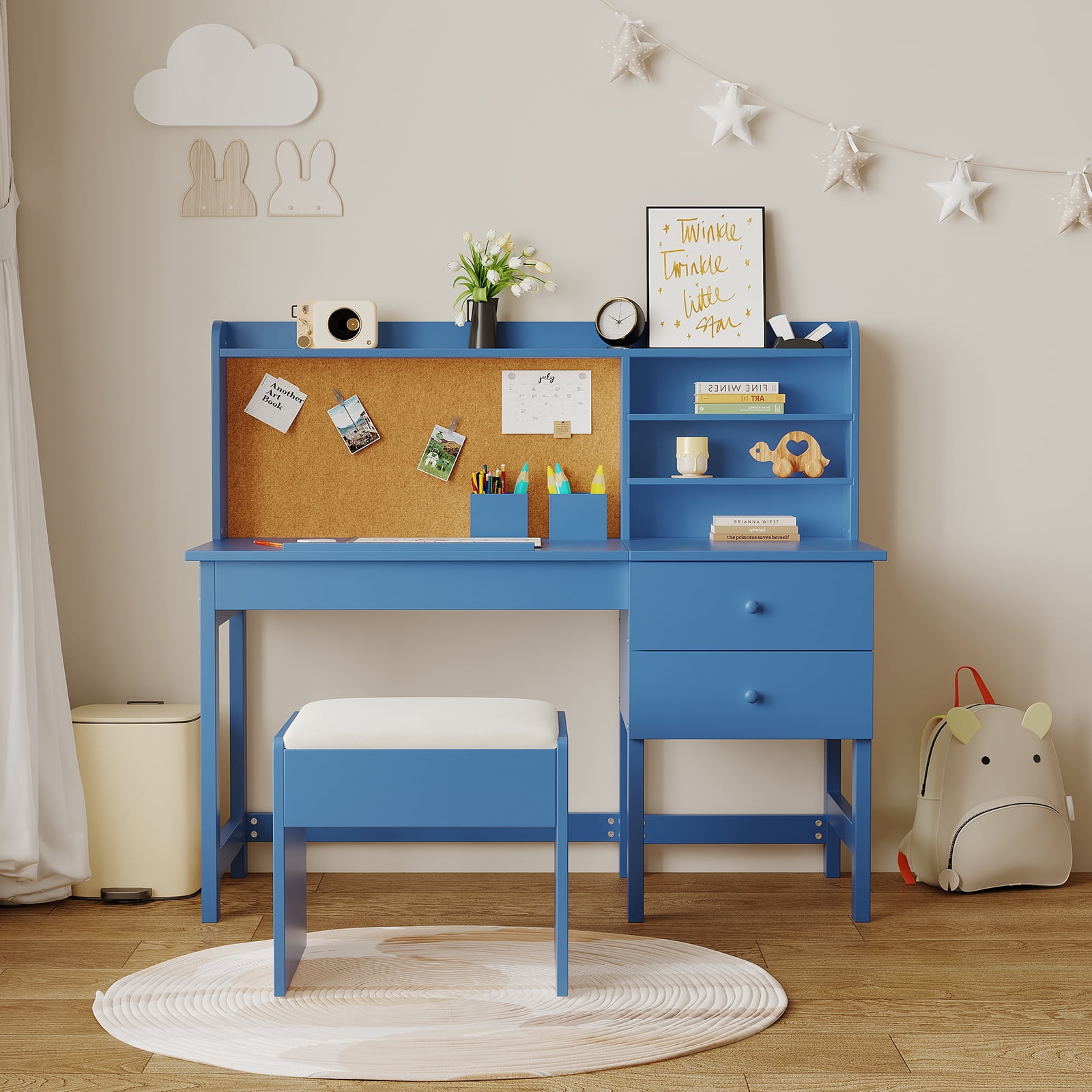 Kids Desk and Chair Set, Wooden Study Table with Adjustable Tilt Desktop, Drawers & Cork Board - Children School Learning Desk Set for Boys & Girls Ages 3-8, Blue