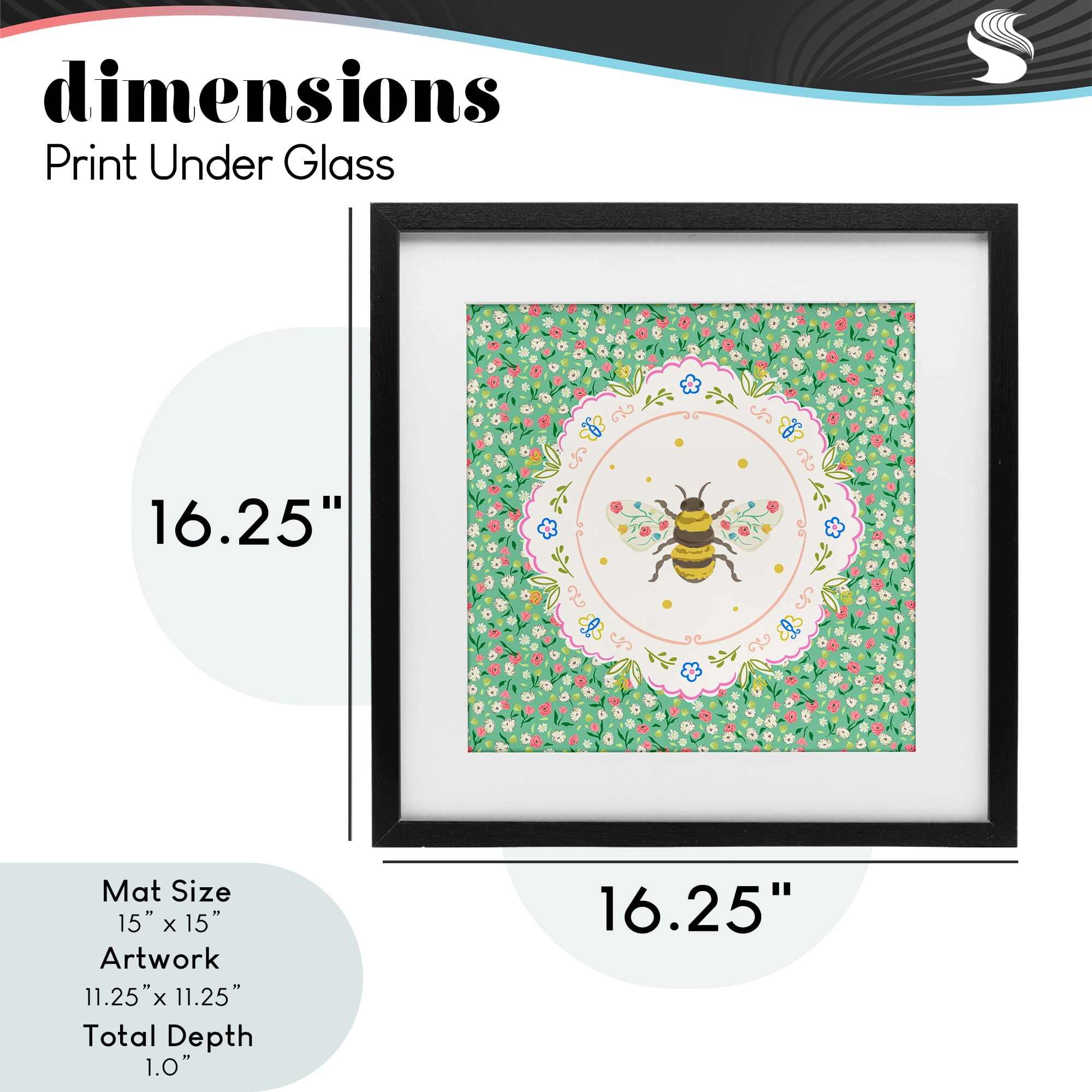 Spring Bee Delicate Florals Black Framed Print Under Glass, design by Angela Steahling