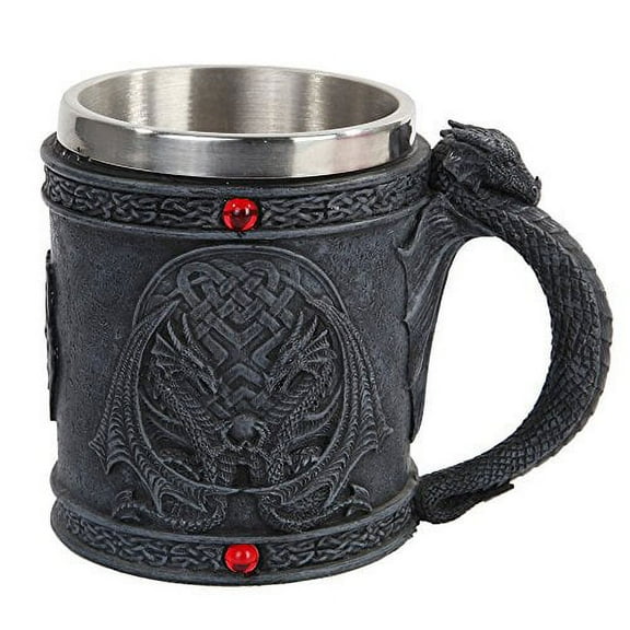 Celtic Dual Winged Dragon Mug Chalice Resin Body Stainless Steel Faux Stone