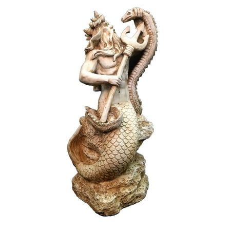 Antique Outdoor Statues Homestyles 16 in. Antique White Poseidon Ruler of Sea Sitting on Rock Nautical Beach Large Mermaid Statue ()