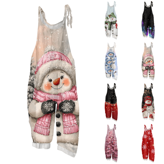 Womens Christmas Print Sleeveless Overalls, Casual Loose Wide Leg Jumpsuit with Adjustable Shoulder Straps