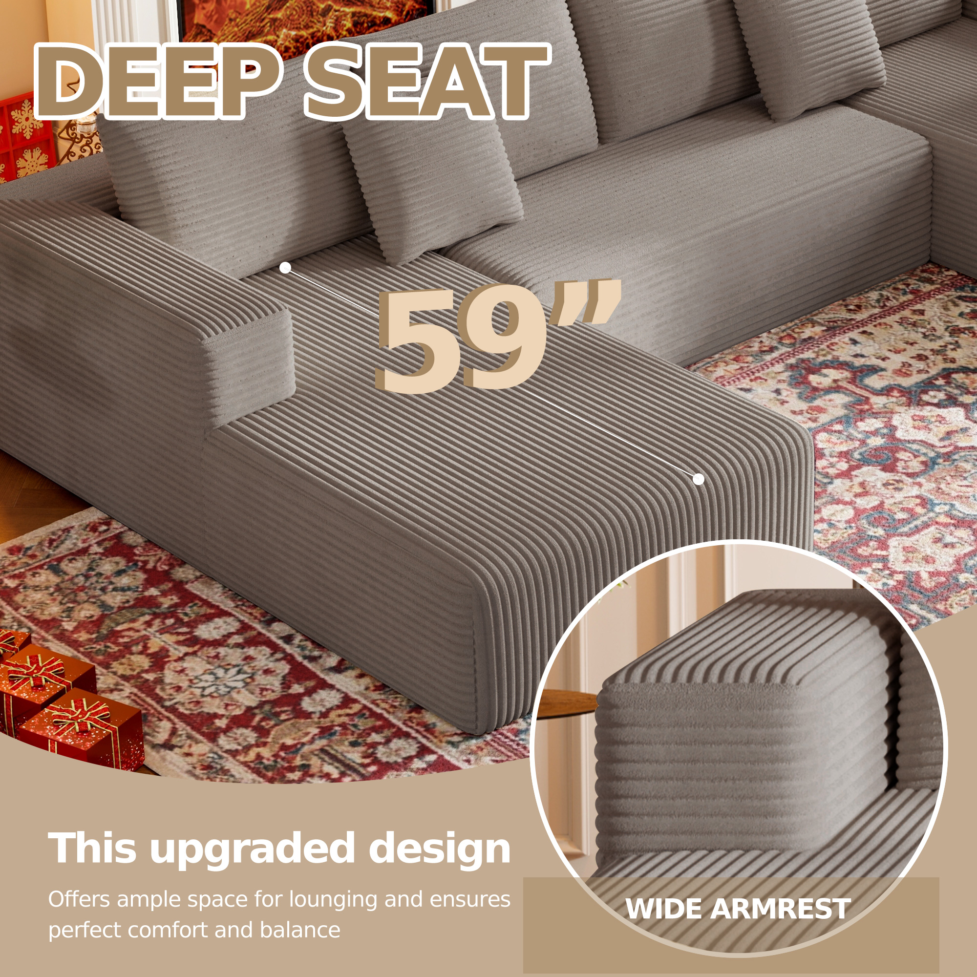 DILORA Large Sectional Cloud Couch,U-Shaped Sofa(Camel),Modular And Compressed,Three Packages,134 Inches