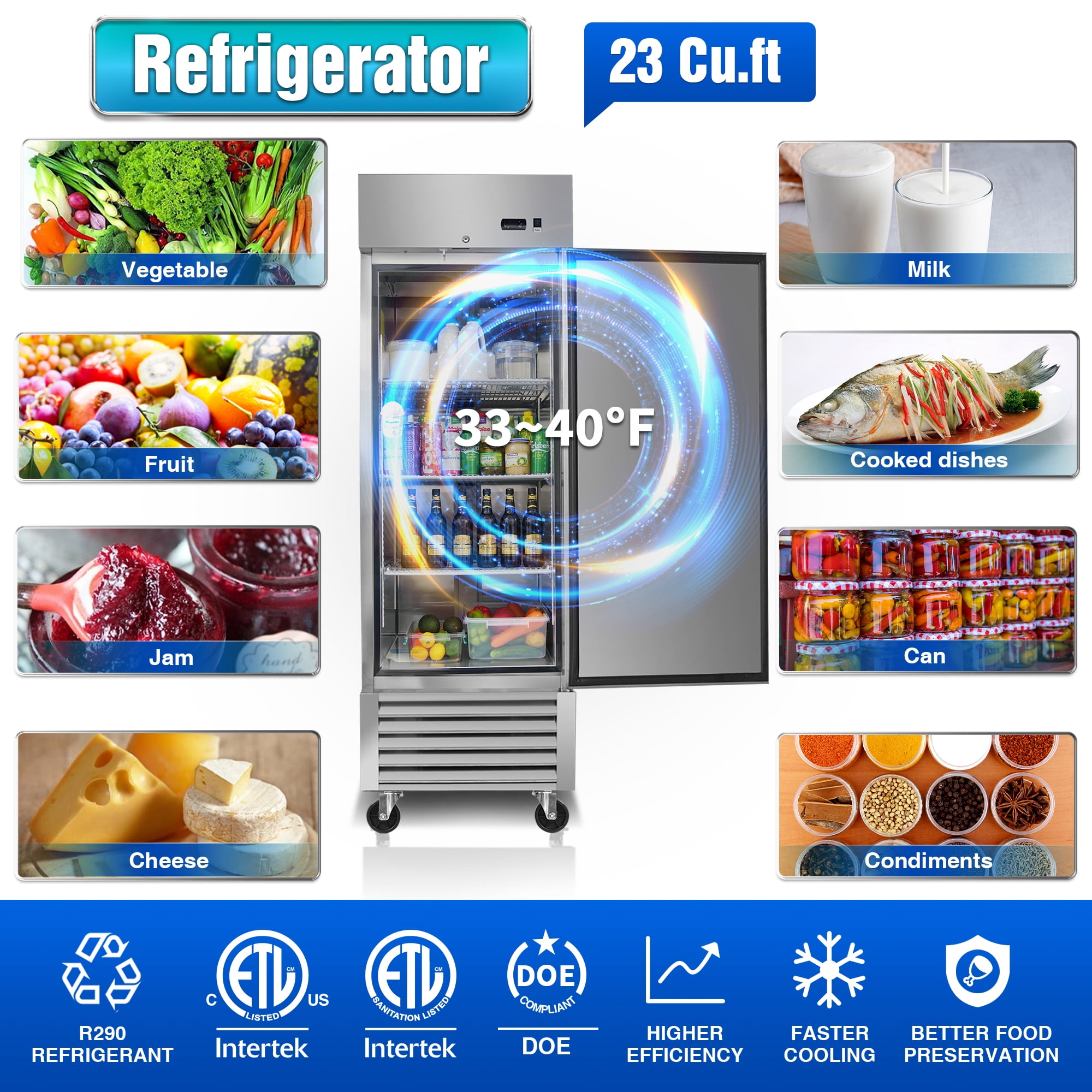 WHALLPRO 27" Commercial Refrigerator 23 Cu.ft with 1 Solid Door Reach-In Refrigerators Stainless Steel ETL Approved Upright Fridge Storage