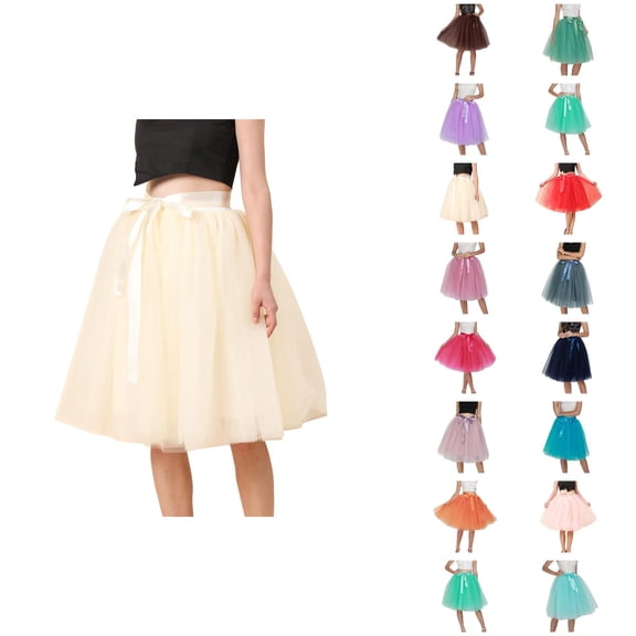 Tulle Skirts for Women Elastic Waist Lace Up Bow Knee Length Layered Mesh Flowy A Line Tutu Skirts Puffy Skirt Fairy Skirt