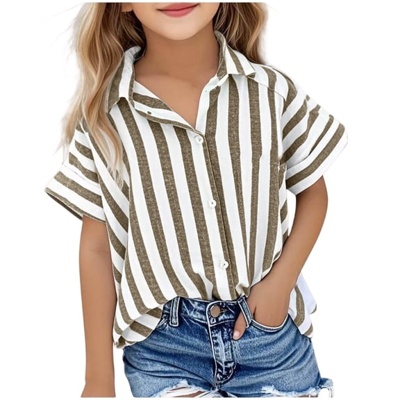 Abcomgle Girls Button Down Shirts 10-12 Roll Up Short Sleeve Collared Girls Dress Shirts Summer Trendy Linen Spring Shirts for Girls,Brown,9-10Years