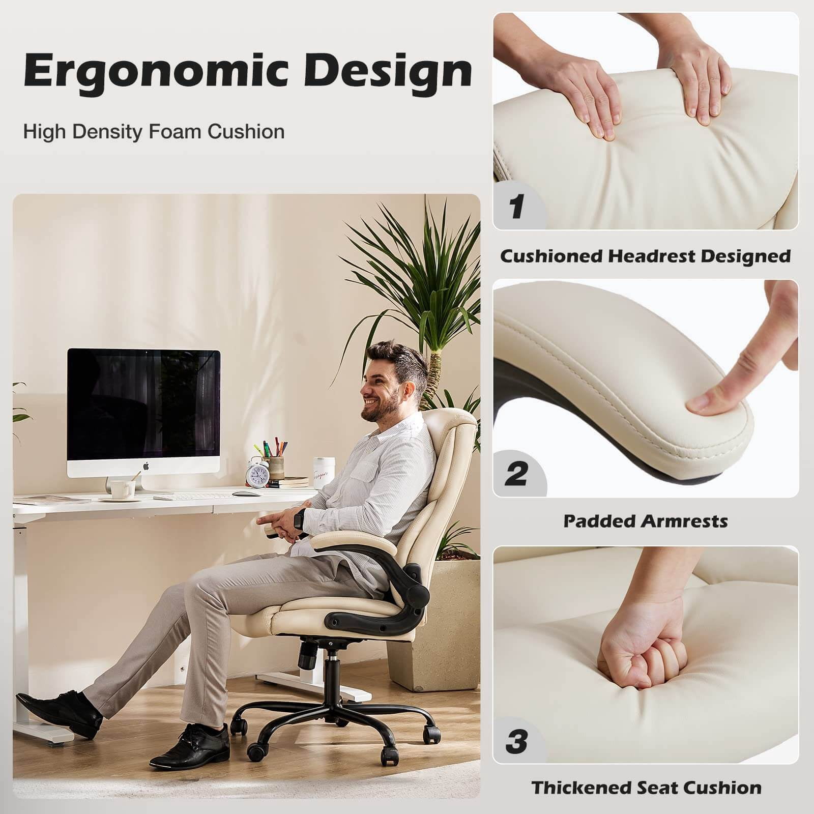 Bigleap Big and Tall Office Chair Desk Chair 300lbs Wide Seat with Adjustable Armrest and Lumbar Support PU Leather High Back Executive Task Ergonomic Computer Chair for Back Pain,White