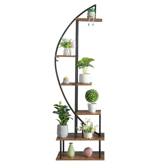 Zimtown 6 Layer Half Moon Pot Stand, Metal with Wood Flower Display Shelf, Black-1