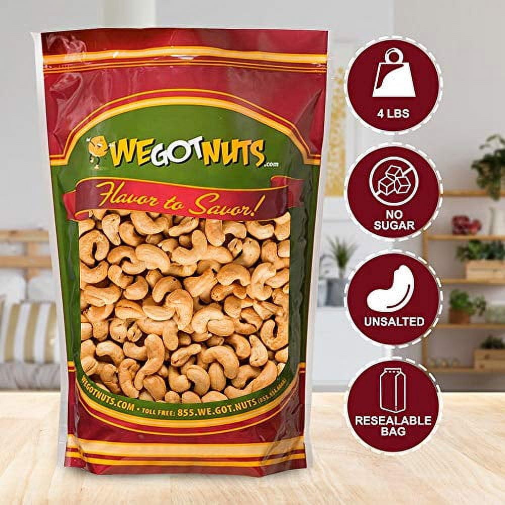We Got Nuts Dry Roasted Unsalted Cashews, 4 lb Resealable Bag, Kosher, No Oil, Bulk Snack