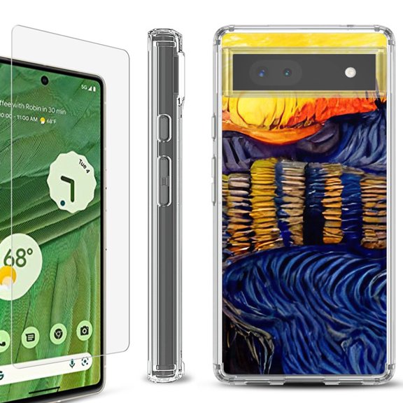 Shockproof Bumper Phone Case for Google Pixel 6a, with Tempered Glass Screen Protector, by OneToughShield ® - Sunset River