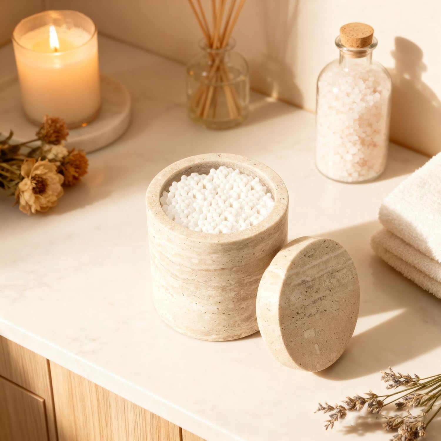 Natural Marble Canister, Cotton Swab Holder with Lid, Marble Toothbrush Holder Qtip Holder Storage for Cotton Swab, Floss Picks, Makeup Pad, Bath Salt, Beige
