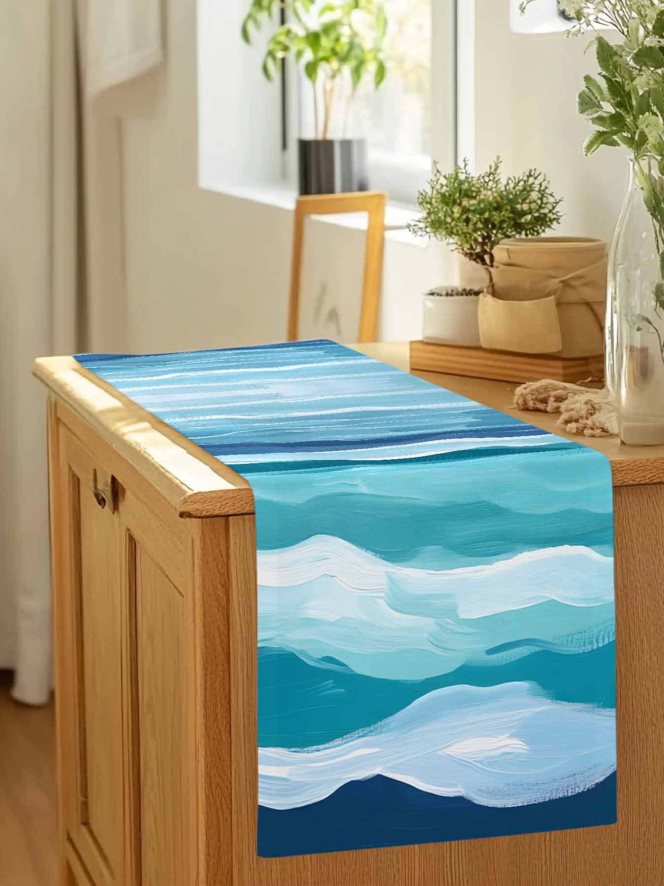 Summer Navy Blue Water Ripple Table Runner 90 Inches Long, Watercolor Gradient Ombre Table Runners Tabletop Scarf Kitchen Dining Tables Decoration for Home Party Indoor Outdoor
