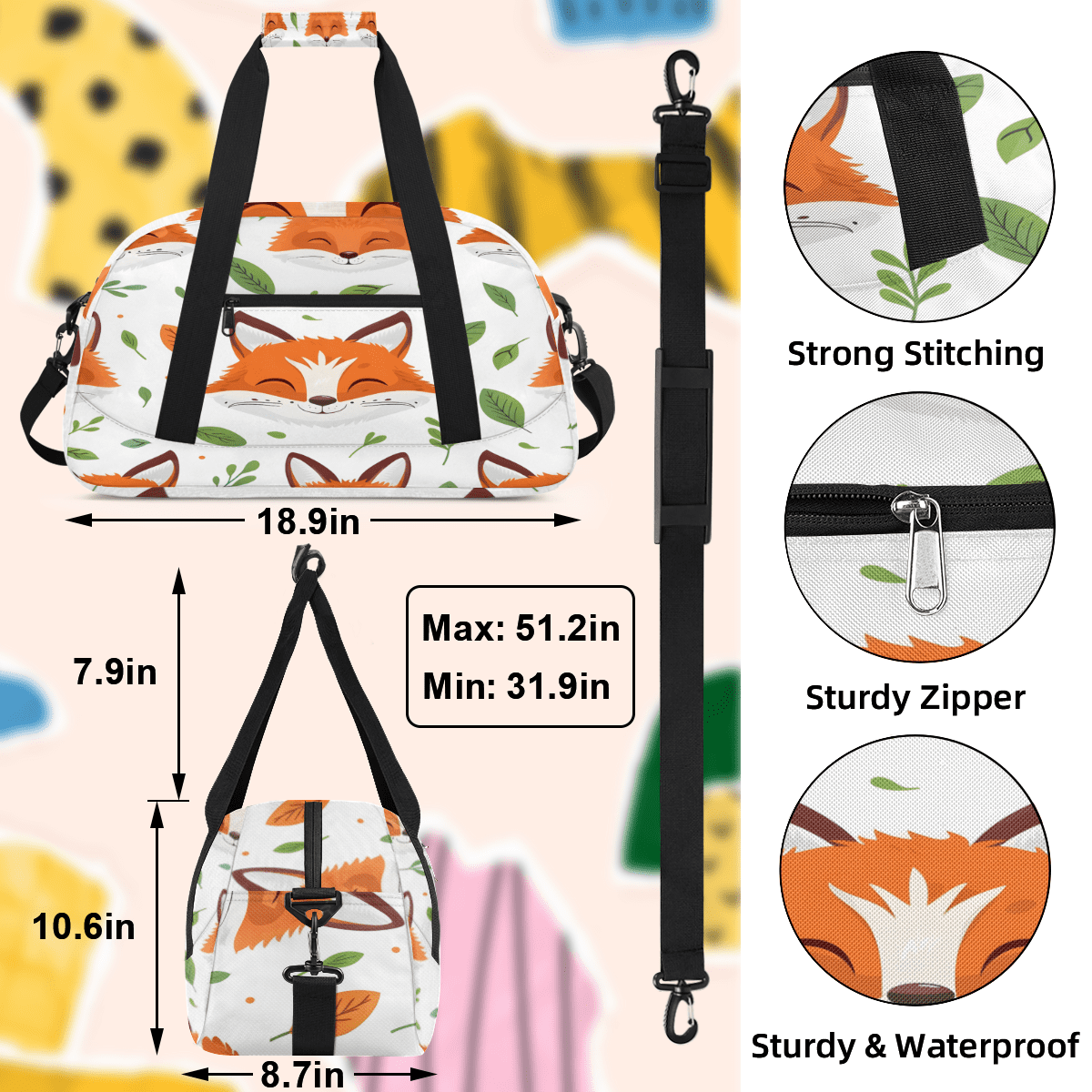 Herdesigns Fox Sports Duffle Bag for Women & Men, Cute Fox Wildlife Gym Bag Dance Bag Overnight Bag Carry On Weekender Travel Bag
