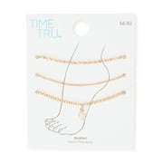 Time and Tru Gold Tone Chain Anklet Set with Rose Quartz Accent, 3-Piece