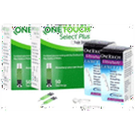 Combo Pack of 2 Boxes of OneTouch Select Plus Test Strip (50 Each) & 2 Boxes of OneTouch Ultrasoft Lancets (25 Each)