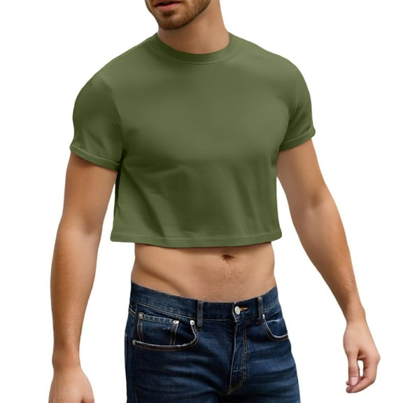 Evdexr Men's Boxy Cropped Cut T Shirts Short Sleeve Round Neck Tee Casual Basic Tops Army Green L