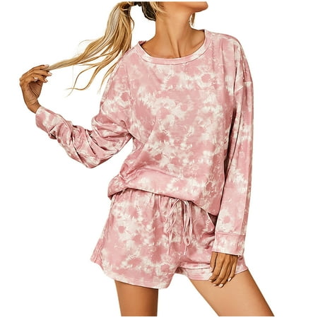

Women’s Tie Dye Printed Pajamas Set Long Sleeve Tops With Shorts Lounge Set Casual Two-Piece Sleepwear with Pockets