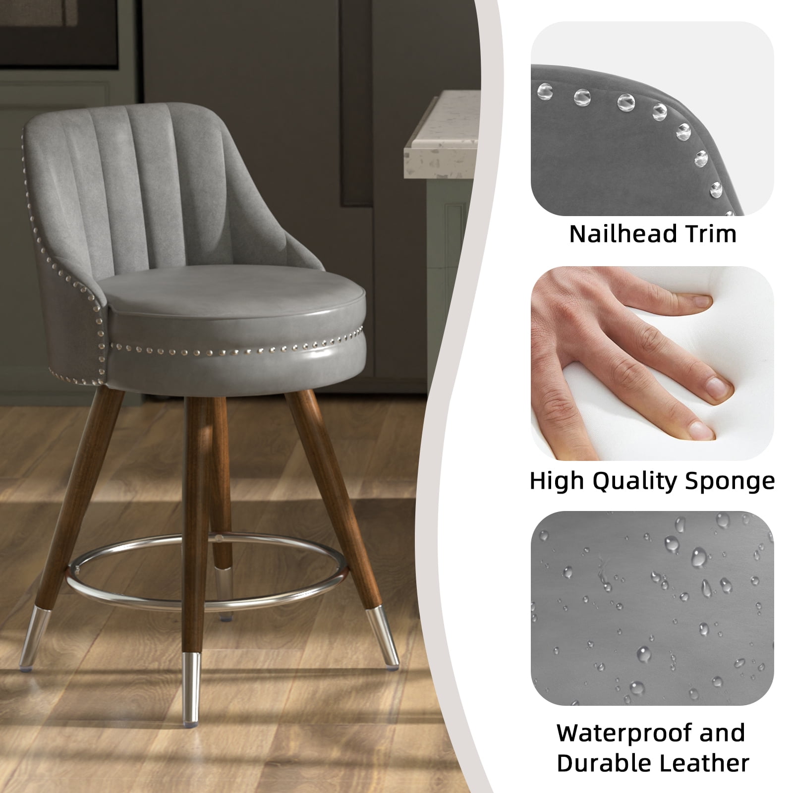 Ninecer 24" Swivel Counter Height Chairs, Modern PU Leather Bar Stools set of 2 with Thick Cushion and Footrest, Gray