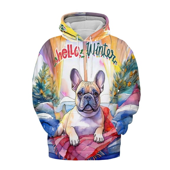 Watercolor Hello Winter French Bulldog Chill Christmas Welcome All Over Print 3D Hoodie Unisex Merch Hoodies Dog Lover Gifts - 00016