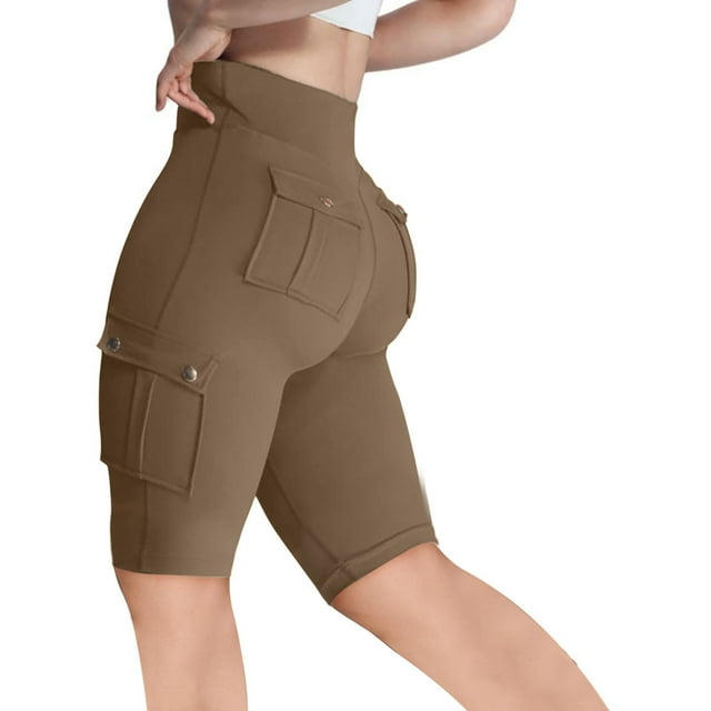 cfhntfmh Shorts Femme Rehausse-Fesses Longueur Genou Taille Haute avec Poche à Rabat Bermuda d'Entraînement Cargo Shorts de Course