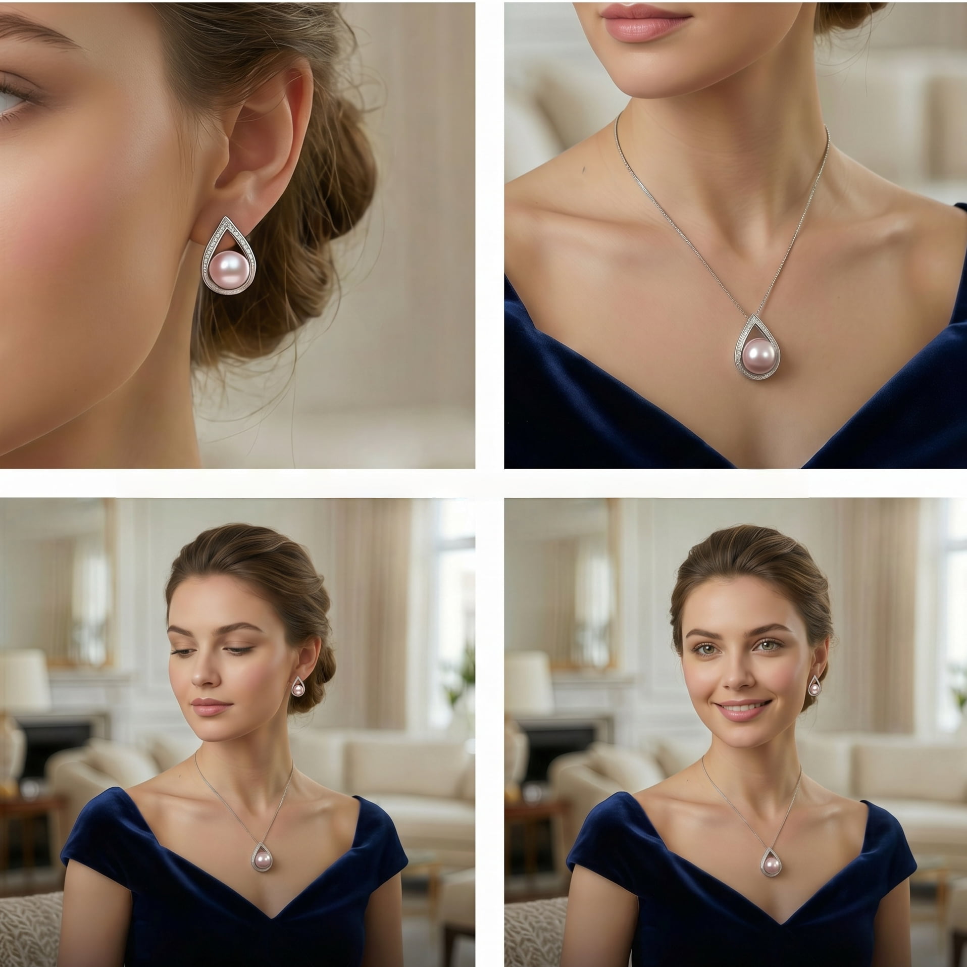 Bamiki Pink Pearl Necklace and Earrings Set | 925 Sterling Silver Jewelry Set with Pearl Pendant and Stud Valentine's Day Gift