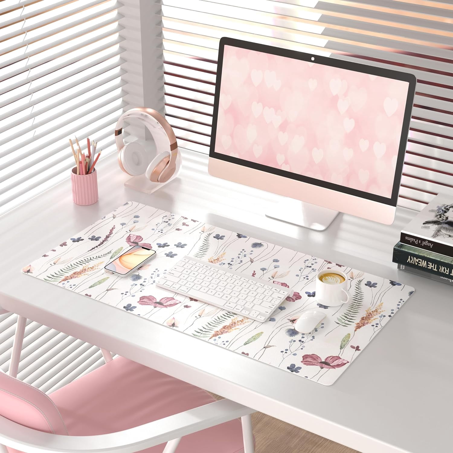 Large Mouse Pad for Desk, Cute Desk Mat for Desktop, Women Girls Floral Office Décor Desk Accessories, PU Leather Waterproof Big Gaming Mousepad, Wildflowers Desk Pad Computer Mat, 31.5" x 15.7"